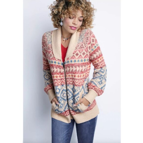 Cabi highlands Womens XS Multicolor Fair Isle Knit Sweater Shawl Collar & Zipper - Picture 1 of 7